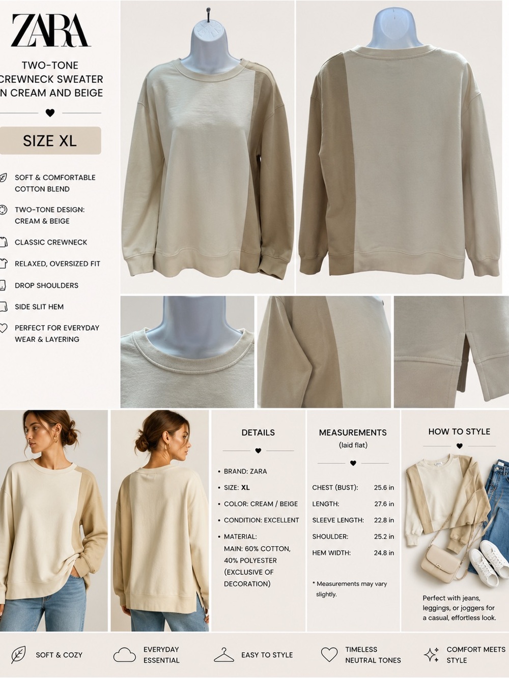 Zara Two-Tone Crewneck Sweater in Cream and Beige